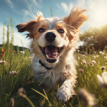 Cute dog is running in the meadow at sunset time.の素材