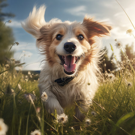 Cute dog in the meadow. Portrait of a happy dogの素材