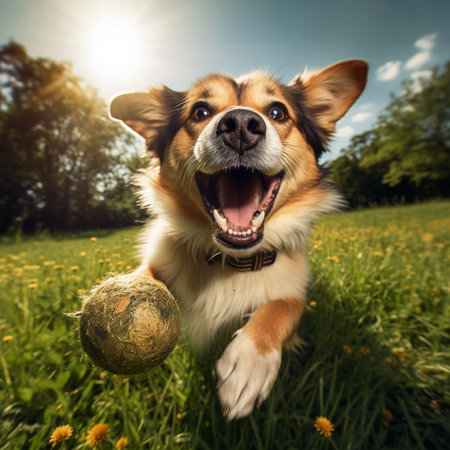 Funny Welsh Corgi dog playing with a ball in the grassの素材