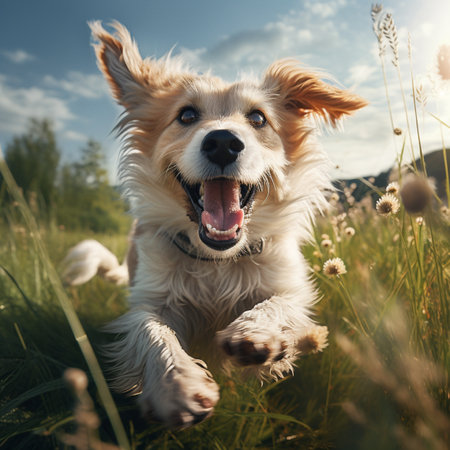 Cute dog running in the meadow on a sunny day.の素材