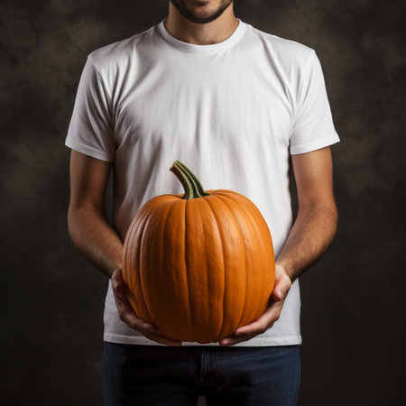 AI generative Photo of a man holding halloween pumpkin in hand, wearing a plain white t-shirt, perfect to create t-shirt mockupの素材