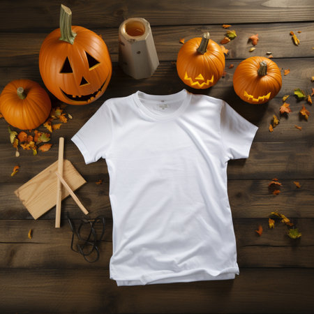 photo of a blank white t-shirt lying in a sleeping position on a wooden table, up view, beside it are several Halloween ornamentsの素材