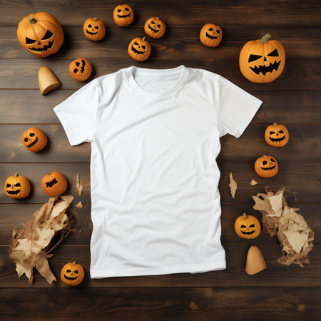 photo of a blank white t-shirt lying in a sleeping position on a wooden table, up view, beside it are several Halloween ornamentsの素材