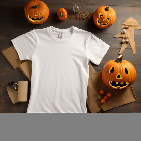 photo of a blank white t-shirt lying in a sleeping position on a wooden table, up view, beside it are several Halloween ornamentsの素材