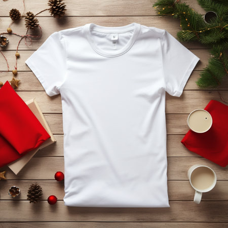 Blank white t-shirt lying in a sleeping position on a wooden table, up view, beside it are several Christmas stuffの素材