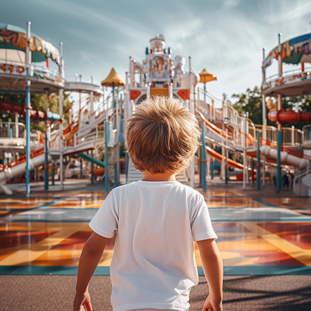 Back view of a wild little boy with wearing white t - shirt running fast around in a playground with colorful slides and climbing frame in the backgroundの素材