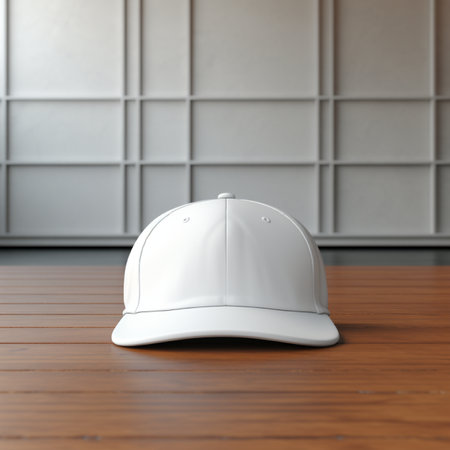 Blank white cap on the wood floor, perfect for mockupの素材