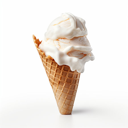 Ice cream on waffle cone in white isolated backgroundの素材