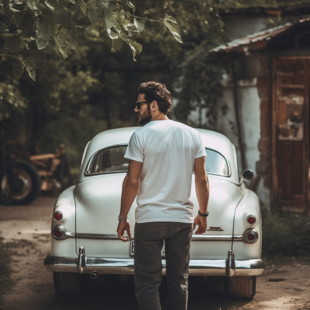 a man in the back of an old car, wearing a blank white t-shirt, perfect for mockup designの素材