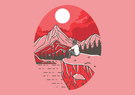 Colorful outdoor illustration of a man sits on a cliff with views of lakes, forests and mountainsのイラスト素材