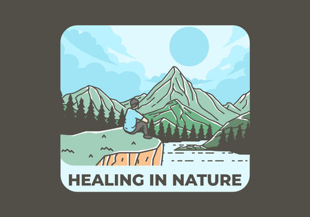 Colorful outdoor illustration of a man sits on a cliff with views of lakes, forests and mountainsのイラスト素材