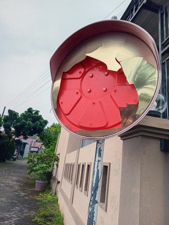Outdoor traffic mirror with shattered surface near residential building on cloudy dayの写真素材