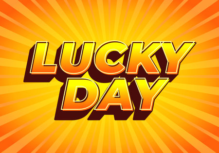 A vibrant graphic design featuring the words LUCKY DAY in bold, 3D typography. The background is a radiant orange with sunburst rays, creating an energetic and cheerful atmosphere.のイラスト素材