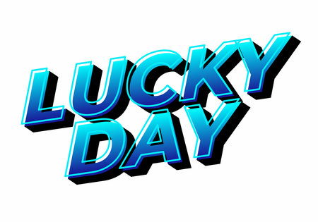 A vibrant graphic design featuring the words LUCKY DAY in bold, 3D lettering. The text is styled with a gradient of blue shades and a shadow effect, giving it a dynamic appearance.のイラスト素材