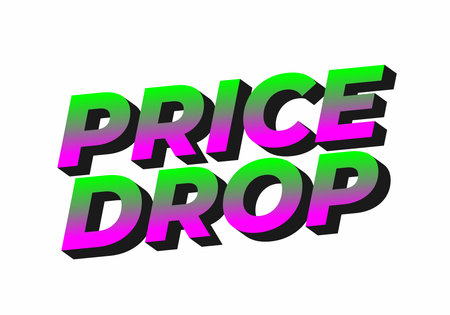 Bold, colorful text graphic featuring the words PRICE DROP in a vibrant gradient of pink and green with a 3D effect.のイラスト素材