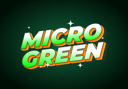 Bold 3D text Micro Green with a gradient green and yellow color scheme on a dark green background, accented by sparkling stars.のイラスト素材