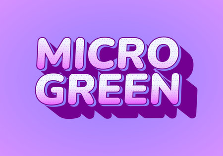 Stylized text reading MICRO GREEN in a playful font with a gradient from light pink to purple, set against a soft purple background. The text features a shadow effect, adding depth.のイラスト素材