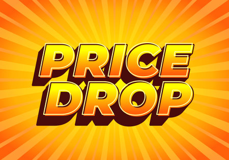 A vibrant graphic featuring bold, 3D text that reads PRICE DROP against a bright yellow and orange sunburst background. The design is eye catching and energetic, perfect for promotional materials.のイラスト素材