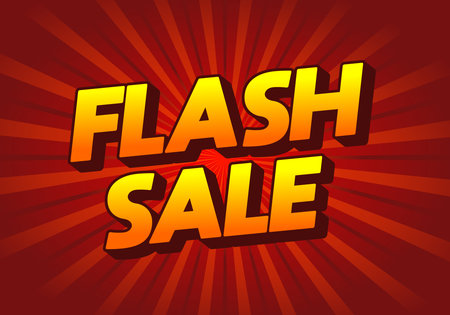 A vibrant graphic design featuring the bold text FLASH SALE in large, eye catching letters The background has a radial burst pattern in shades of red and orange, enhancing the urgency of the saleのイラスト素材