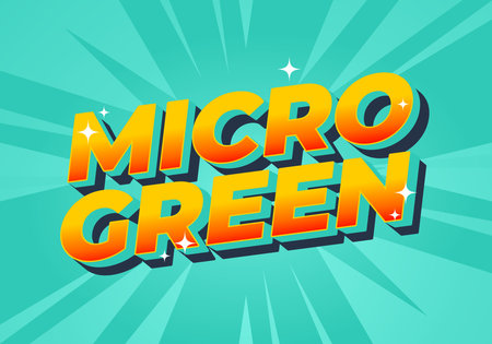 A vibrant and colorful graphic design featuring the words MICRO GREEN in bold, playful typography. The background is a bright turquoise with radiating lines, creating a lively and energetic feel.のイラスト素材