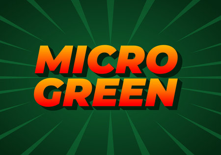 A vibrant graphic design featuring the bold text MICRO GREEN in a gradient of orange to yellow, set against a dark green background with radiating lines.のイラスト素材