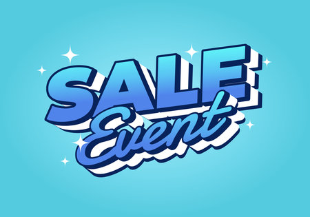 A vibrant graphic design featuring the words SALE Event in bold, stylized typography. The text is in shades of blue with a glossy finish, set against a light blue background with sparkling accents.のイラスト素材