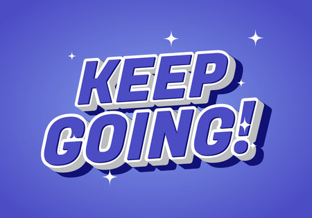 A motivational graphic featuring the phrase KEEP GOING! in bold, 3D typography against a vibrant purple background with sparkling stars.のイラスト素材