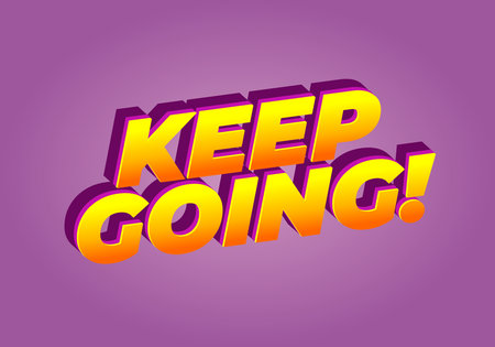 A motivational text graphic featuring the phrase KEEP GOING! in bold, 3D typography. The letters are vibrant yellow with a purple outline, set against a soft purple background.のイラスト素材