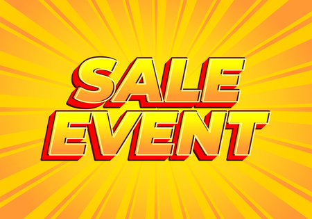 A vibrant graphic featuring bold text that reads SALE EVENT in a dynamic, eye catching style. The background is a bright yellow with radiating lines, creating an energetic atmosphere.のイラスト素材