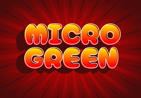 Colorful text design featuring the words MICRO GREEN in bold, rounded letters with a gradient from yellow to orange on a red radial background.のイラスト素材