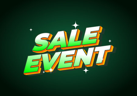 A vibrant graphic featuring the words SALE EVENT in bold, stylized typography. The text is designed with a gradient of green and orange colors, set against a dark green background with sparkling accenのイラスト素材