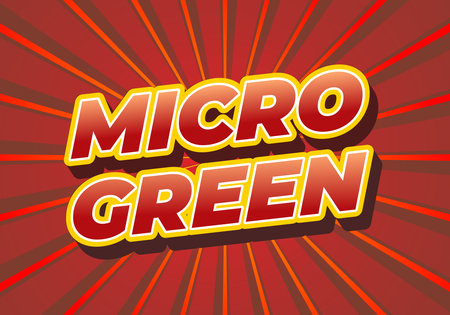 A vibrant graphic design featuring the bold text MICRO GREEN in a dynamic, comic style font. The background has radial lines radiating outward in shades of red, creating an energetic and eye catchingのイラスト素材