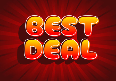 A vibrant graphic featuring the text BEST DEAL in bold, colorful letters against a red radial background The text has a playful, cartoonish style with a gradient from yellow to orange, creating an eye catching effectのイラスト素材