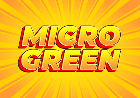 A vibrant graphic featuring the bold text MICRO GREEN in a comic style font, set against a bright yellow background with radiating rays.のイラスト素材