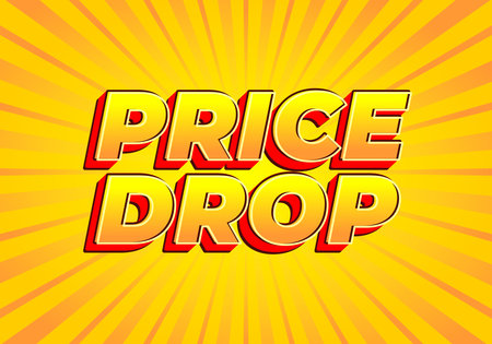 A vibrant graphic featuring bold text that reads PRICE DROP in a comic style font, set against a bright yellow background with radiating lines.のイラスト素材