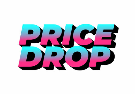 Bold text graphic featuring the words PRICE DROP in a vibrant gradient of pink and blue with a shadow effect, suitable for promotional materials.のイラスト素材