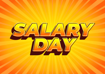 A vibrant graphic featuring the words SALARY DAY in bold, stylized font. The background is a bright orange with radiating rays, creating an energetic and celebratory atmosphere.のイラスト素材