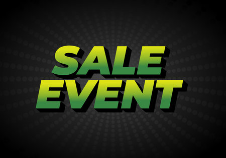 A bold and vibrant graphic featuring the words SALE EVENT in a green gradient font against a dark background with radial patterns.のイラスト素材