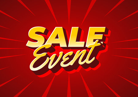 A vibrant graphic featuring the words SALE Event in bold, stylized typography. The background is a striking red with radiating lines, creating an energetic and eye catching effect.のイラスト素材