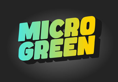 The text MICRO GREEN in a bold, colorful font with a gradient from turquoise to yellow, set against a dark background. The letters have a slight shadow effect, adding depth.のイラスト素材