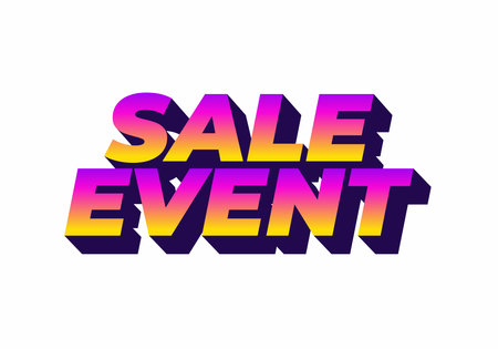 Bold and colorful text design featuring the words SALE EVENT in a gradient of pink, purple, and yellow with a Three Dimensional effect.のイラスト素材
