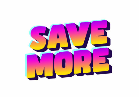 Colorful 3D text saying SAVE MORE with a gradient effect from pink to yellow, set against a white background.のイラスト素材