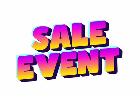 Colorful text graphic announcing a sale event, featuring bold, Three Dimensional letters with a gradient of pink, purple, and yellow hues.のイラスト素材