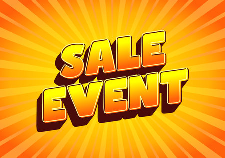 A vibrant graphic featuring bold, Three Dimensional text that reads SALE EVENT against a bright orange sunburst background. The design is eye catching and energetic, perfect for promotional materials.のイラスト素材