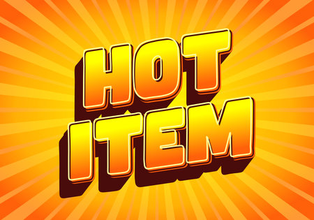 A vibrant graphic featuring bold, 3D text that reads HOT ITEM against a bright orange sunburst background. The text is designed to attract attention with its warm colors and shadow effects.のイラスト素材