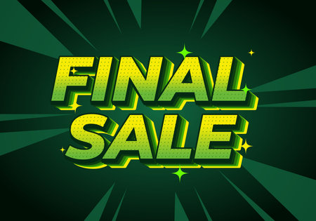 Bold green final sale banner with retro comic style text, radial rays background, yellow dotted lettering, neon green accents, celebratory feelのイラスト素材