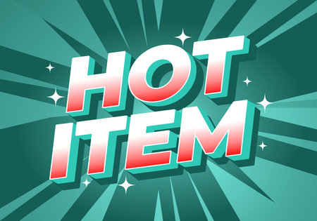 A vibrant graphic design featuring the words HOT ITEM in bold, stylized typography. The background has dynamic rays radiating outward, creating a sense of excitement and urgency.のイラスト素材