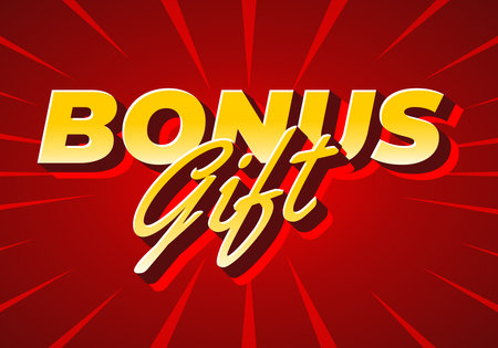 A vibrant graphic featuring the words BONUS Gift in bold, stylized typography. The background is a bright red with radiating lines, creating a dynamic and eye catching effect.のイラスト素材