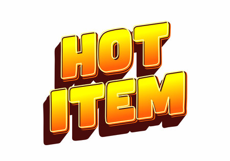 Bold, colorful text reading HOT ITEM in a three dimensional style with a gradient from yellow to orange, set against a white background.のイラスト素材