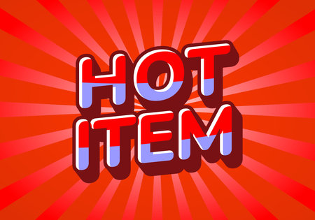 A vibrant graphic design featuring the words HOT ITEM in bold, playful typography. The background is a bright red with radiating lines, creating a dynamic and eye catching effect.のイラスト素材